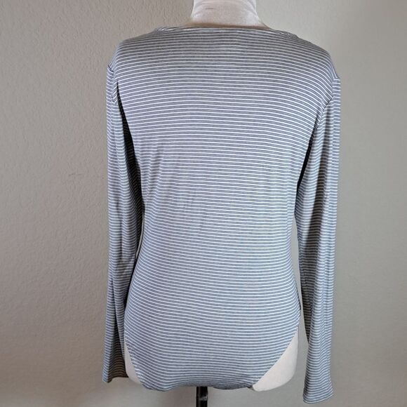 H & M Bodysuit Size L Blue White Striped Wrap Style Deep V-Neck Long Sleeve - Picture 5 of 10